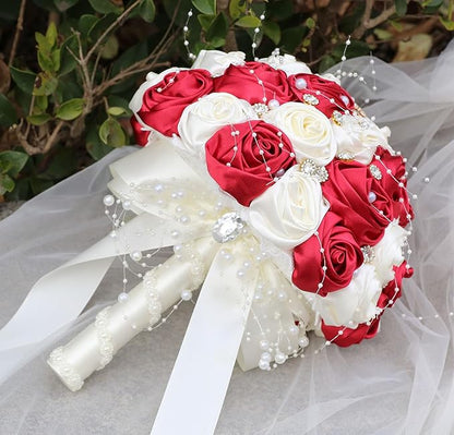Bridal Wedding Bouquet Round Bling Brooch Bouquet Throw Toss Artificial Rose Flower Bunch for Bride Bridesmaid Wedding Quinceanera(Ruby Red & Ivory, 6.3")