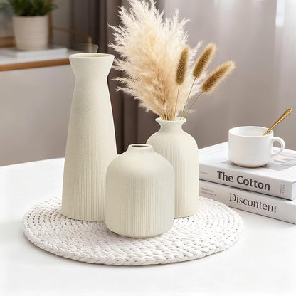 Christmas Ceramic Flower Vases Set of 3, Large Xmas Gift Vases with Vertical Stripe Texture, Modern Decorative Vases for Dried Flowers, Home Decor for Living Room Bedroom Kitchen Shelf(Beige)