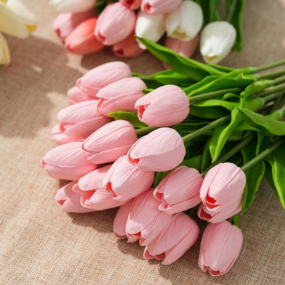 Real Touch Artificial Tulips, 20pcs Fake Tulip Flowers Stem, PU Faux Tulips 13.5” for Mother's Day, Home Decor, Wedding, Easter Valentine's Gift, Table Centerpieces, Floral Arrangements, Pink