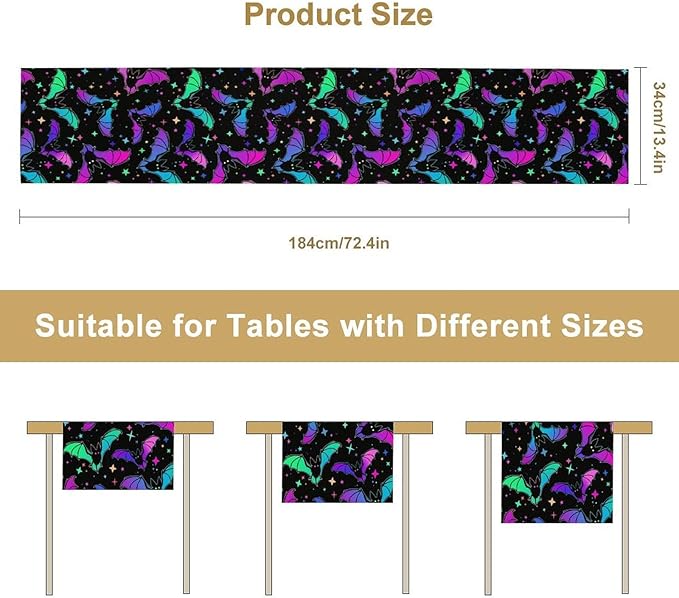 Gothic Table Runner,Colorful Bat Star Pattern Table Runner for Home Kitchen Table Dining Garden Farmhouse Wedding Party Decor 13x70 Inch