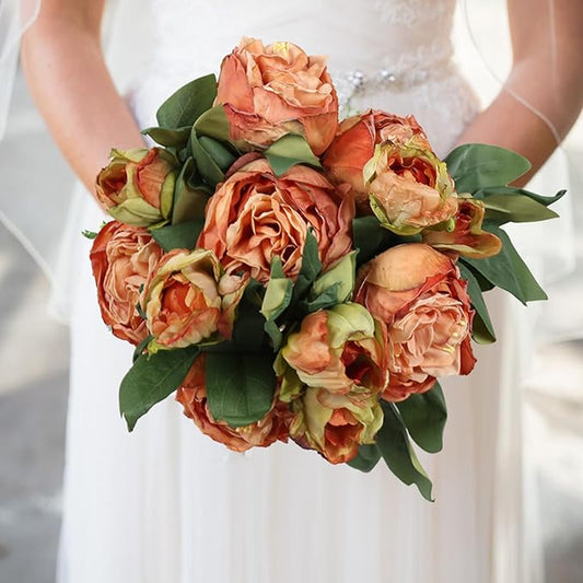 IPOPU Orange Flowers Artificial Peonies 5PCS 10heads Vintage Fake Peonies 20.47" Orange Fake Flowers for Wedding Bouquets Centerpieces Bridal Shower Party Home Flower Arrangement Decorations