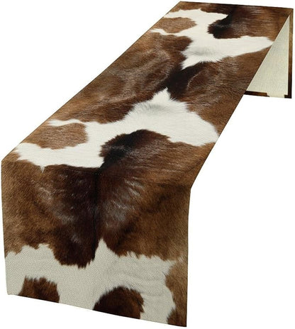 Cow Skin Print Table Runner Farmhouse Western White Brown Cowhide Rustic Cottage Country Seasonal Spring Fall Kitchen Dining Table Decoration for Home Party Dinner 13x70cm