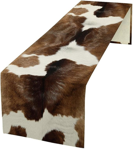 Cow Skin Print Table Runner Farmhouse Western White Brown Cowhide Rustic Cottage Country Seasonal Spring Fall Kitchen Dining Table Decoration for Home Party Dinner 13x70cm