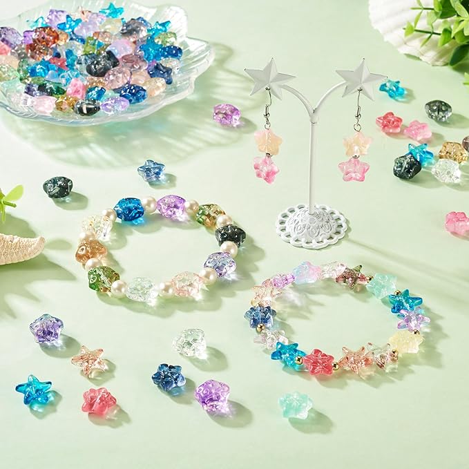110Pcs 14mm Gradient Glass Star Beads Colorful Starfish Crystal Beads Clear Bowknot Pentagram Charm Beads Ocean Beach Craft Beads Loose Spacer Beads for DIY Bracelet Earring Jewelry Making