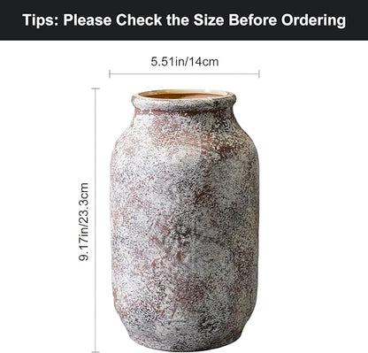 Ceramic Rustic Farmhouse Vase, Terracotta Pottery Flower Vase, Farmhouse Decor for Shelf, Table, Living Room, Bedroom Decor, 9 Inch