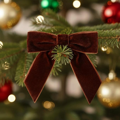 30 Pcs Velvet Ribbon Bows 3.5" x 3.5" Pre Tied Christmas Velvet Bows with Twist Tie for Gift Packaging Christmas Tree Wreaths Door Windows Wedding Party Decoration(Brown)