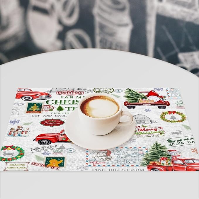 Christmas Placemats Simple Rustic Christmas Tree Red Gnome Truck Christmas Bells Gifts Wreath Snowman Greeting Card Placemats Table Kitchen Dining Party 12x18 Inch Set of 6