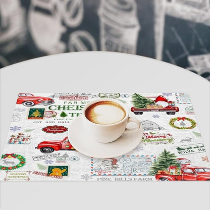 Christmas Placemats Simple Rustic Christmas Tree Red Gnome Truck Christmas Bells Gifts Wreath Snowman Greeting Card Placemats Table Kitchen Dining Party 12x18 Inch Set of 4