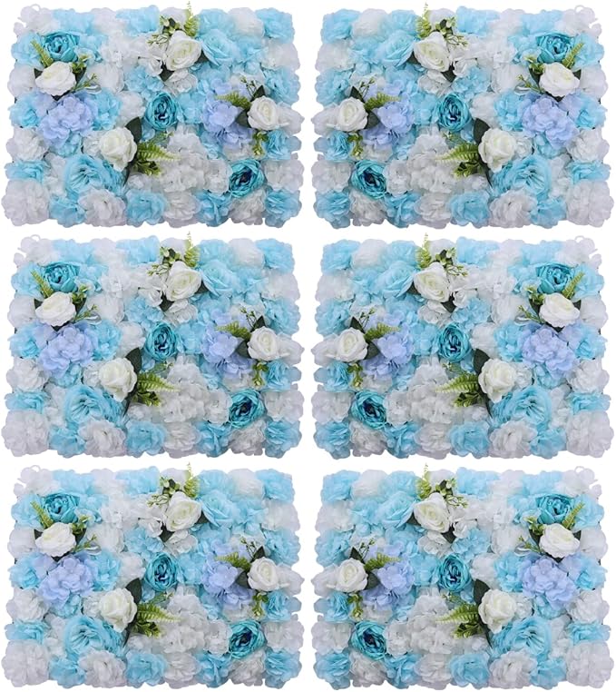 Flower Wall Panel Floral Backdrop,6Pack Faux Flower Panel,Blue and White Flower Wall Decor,Artificial Flower Backdrop Faux Flower Panel for Wedding