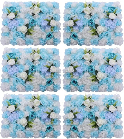 Flower Wall Panel Floral Backdrop,6Pack Faux Flower Panel,Blue and White Flower Wall Decor,Artificial Flower Backdrop Faux Flower Panel for Wedding