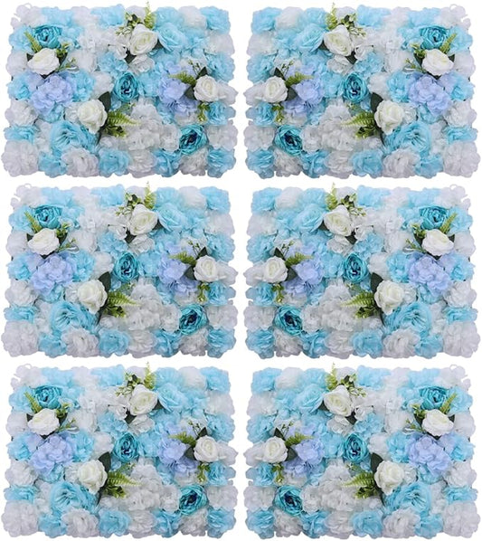 Flower Wall Panel Floral Backdrop,6Pack Faux Flower Panel,Blue and White Flower Wall Decor,Artificial Flower Backdrop Faux Flower Panel for Wedding