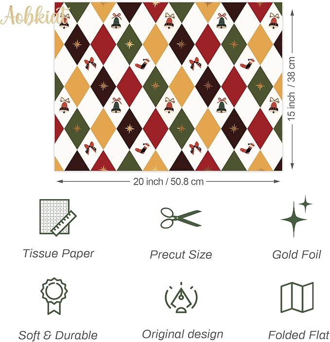 Aobkiat Christmas Tissue Paper for Bags,24 Sheets Red Green Santa Claus Reindeer Styles Gift Wrap Paper for Present Package,Wrapping Xmas Gift/Wine Bottles,DIY Craft,20×15inch/Sheets