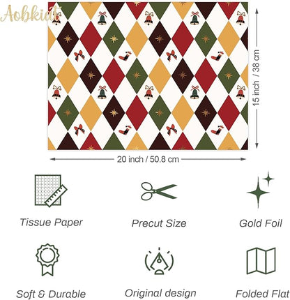 Aobkiat Christmas Tissue Paper for Bags,24 Sheets Red Green Santa Claus Reindeer Styles Gift Wrap Paper for Present Package,Wrapping Xmas Gift/Wine Bottles,DIY Craft,20×15inch/Sheets