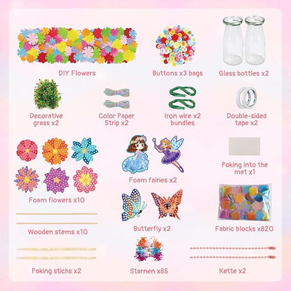 Mostop DIY Flower Crafts Kit for Kids Ages 6-10, DIY Flower Bouquet Craft Kit with Buttons, Felt Flowers and 2 Vase, Poke in Arts and Crafts Birthday Gift for Gilrs Age 6-8 8-10, Flower Making Kit