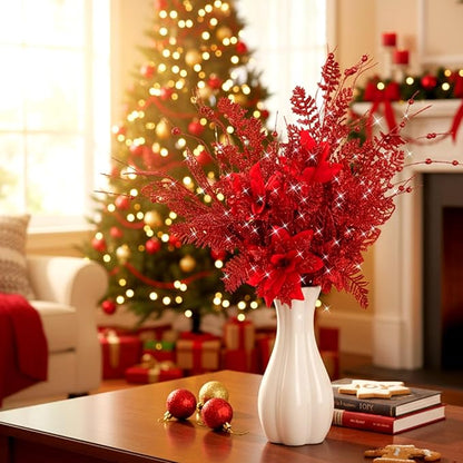 18 Pack 3 Styles 17 Inch Christmas Glitter Poinsettia Berry Stems Ornaments Artificial Floral Branches Picks for Christmas Tree Home Vase Holiday Party Decor(Red)