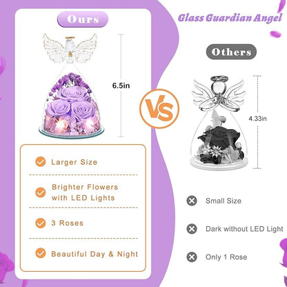 Preserved Flower Rose Gifts for Women, Forever Eternal Fresh Flowers in Glass Angel Figurines Real Purple Roses for Delivery Prime for Grandma Mom Sister Her Wife on Mothers Day Birthday Christmas