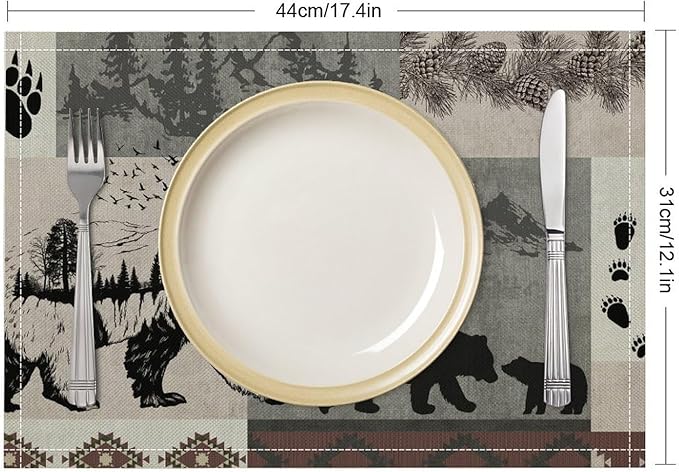Retro Rustic Lodge Bears Placemats Set of 4, Vintage Cabin Pine Tree Farmhouse Country Style Place Mats, Heat Resistant Non Slip Cotton Linen Dining Table Mats for Home Kitchen 18x12 Inch