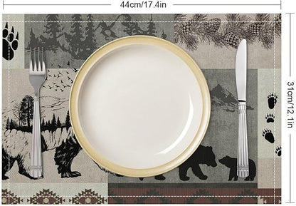 Retro Rustic Lodge Bears Placemats Set of 4, Vintage Cabin Pine Tree Farmhouse Country Style Place Mats, Heat Resistant Non Slip Cotton Linen Dining Table Mats for Home Kitchen 18x12 Inch
