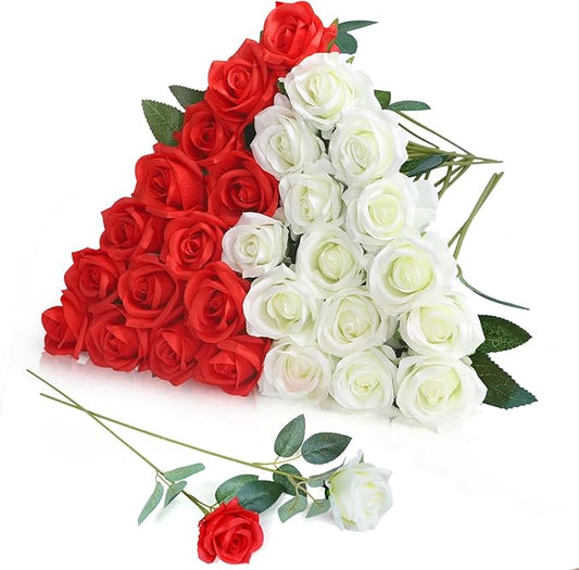 30pcs Fake Roses Artificial Silk Flowers Long Stems Bouquet for Wedding Bridal Shower Party Home Decoration (White + Red)