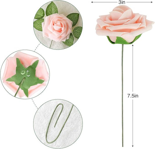 AmyHomie Artificial Flower Blush Pink Rose 25pcs Real Looking Fake Roses w/Stem for DIY Wedding Bouquets Centerpieces Arrangements Party Baby Shower Valentines Day Christmas Tree Decorations