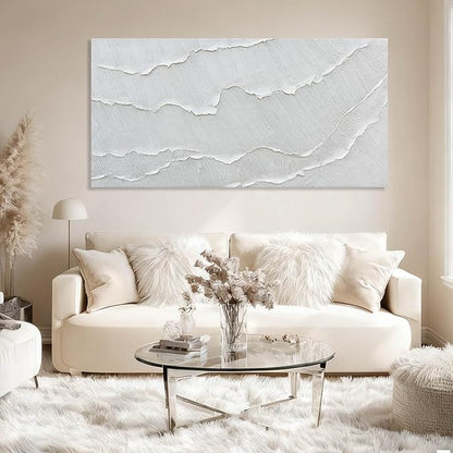 WINKAILIN White Abstract Textured Wall Art Modern 24x48 inch Canvas Ocean Wave Artwork Minimalist Hand-drawn Painting Contemporary White Posters Print for Living Room Bedroom Office Décor