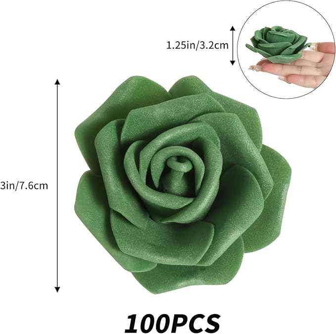IPOPU 100 Pcs Artificial Foam Roses Heads, 3Inch Stemless Faux Roses Bulk Fake Flowers Heads for Crafts,Wall Decorations, DIY Wedding Baby Shower Centerpieces Party Tables Home Decor(Army Green)