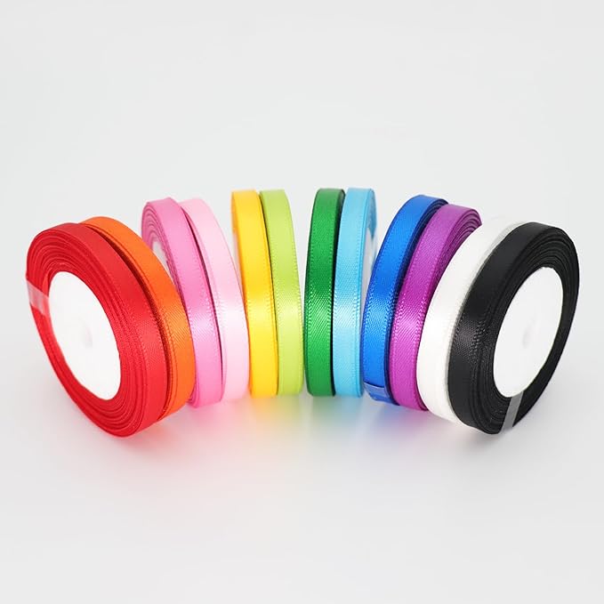 Multicolor Satin Ribbons for Crafting Rainbow Colorful Ribbon for Gift Wrapping Birthday Party Decorations, Double Face Thin Ribbon Hair Ribbons 12 Colours 1/4" X 10Yards Each Total 120 Yds