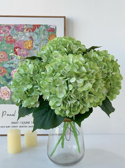 YalzoneMet 4Pcs Light Green Silk Hydrangea Artificial Flower Lifelike Big Blooms 20'' Long Stem Faux Hydrangea Flower Bouquets for Home Party Indoor Outdoor Wedding Table Centerpiece Decor