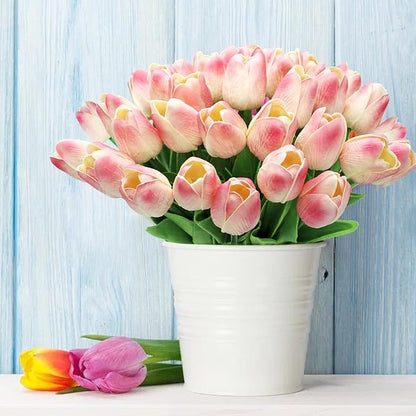 28pcs Pink Flowers Artificial Tulip Stems Real Feel PU Tulips for Easter Spring Wreath Wedding Bouquet Centerpiece Floral Arrangement Cemetery Table Décor 13" Tall