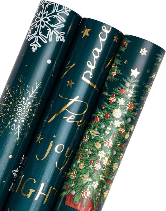 WRAPAHOLIC Christmas Wrapping Paper Roll - Mini Roll - 3 Rolls - 17 Inch x 120 Inch Per Roll - Green Christmas Tree and Snowflake Holiday Design with Metallic Foil Shine