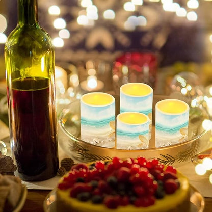 Flameless LED Battery Candles 4PCS Pillar Candles with 18-Key Timer Remote Colorful Light for Party Celebration Decor, Beach Mussel Starfish Seashell
