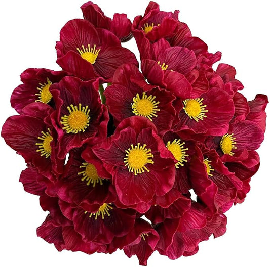 14Pcs Real Touch Anemone Poppy Bouquet for Artificial Flower Decor Kitchen Table Centerpiece Vase Home Greenery Wedding Holding Flowers Backdrop Arch Wall (Wine Red)