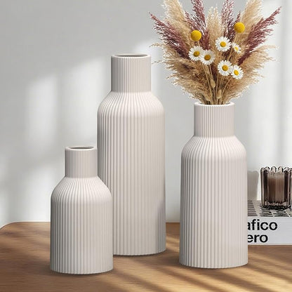 White Ceramic Vases Set of 3, White Ribbed Decorative Vases - Table Centerpieces for Wedding, Living Room, Office & Shelf Decor