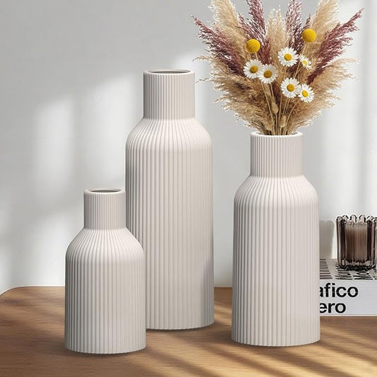 White Ceramic Vases Set of 3, White Ribbed Decorative Vases - Table Centerpieces for Wedding, Living Room, Office & Shelf Decor