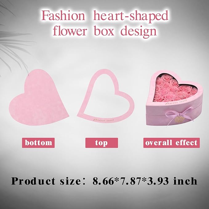 16 Forever Flowers in Heart Shaped Box - Preserved Roses Romantic Gifts for Her, Valentine’s Day, Anniversary, Wedding (Pink)