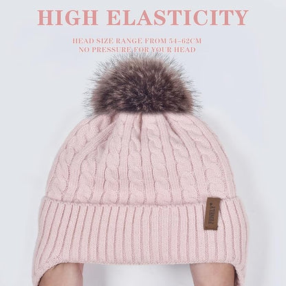 FENELY Women's Knitted Warm Beanie Winter Hat, Warm Chunky Snow Hat with Pompom