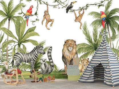 Tropical Rainforest Botanical Animal Floral Bird Wallpaper Woodland Forest Tree Leaf Nursery Kids Bedroom Plant murals Living Room Large Wall Mural - 183"x120" Not Peel and Stick