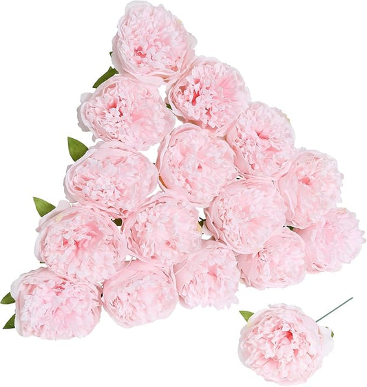 Pink Peonies Artificial Flowers 16pcs Light Pink Flowers Silk Flowers Fake Peonies Faux Peony Flowers Heads with Stem Floral Arrangement for Home Wedding Party Festival Decor (Light Pink)
