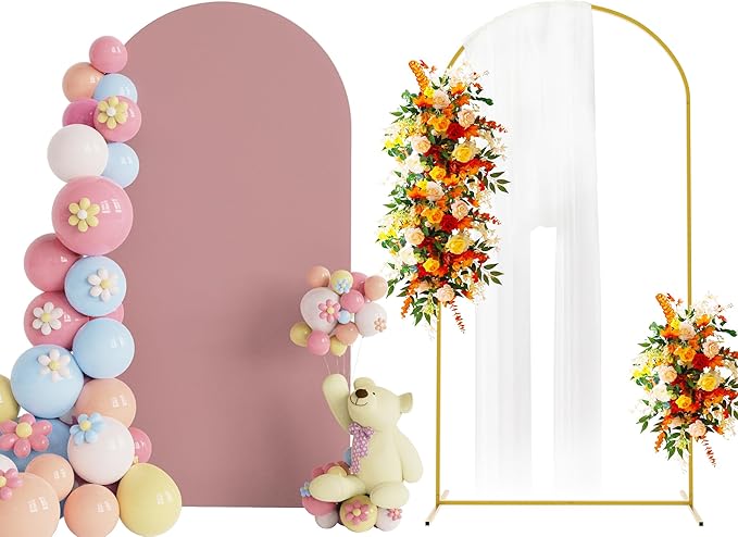 Putros 6.6ft Metal Arch Stand with Cover Light Dusty Rose Spandex Fitted Wedding Arch Cover and Round Top Chiara Backdrop Stand Set for Birthday Party Baby Shower Decoration