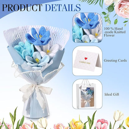 Crochet Flowers Bouquet Gift Christmas Crochet Flower Tulips Completed Handmade Knitted Bouquet with Card for Women Girlfriend Lover Appreciation Gift Birthday Wedding Teacher Decor(Blue)