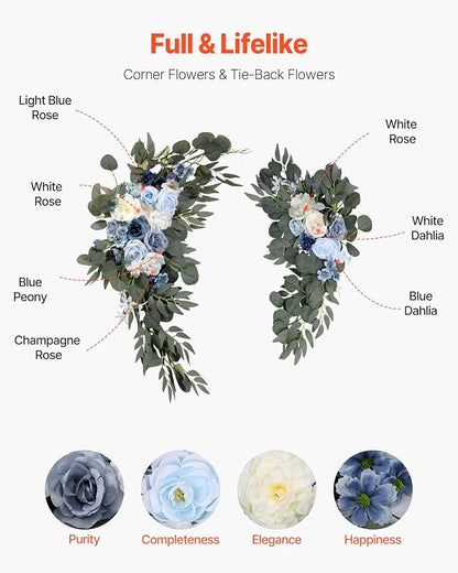 VEVOR Artificial Wedding Arch Flowers Kit, Blue Wedding Arch Flowers with Drapes Kit -2 Pcs Floral Arrangement, 2 Pcs Sheer Drapes, for Ceremony Bouquets Reception Backdrop Decoration（No Include Wood