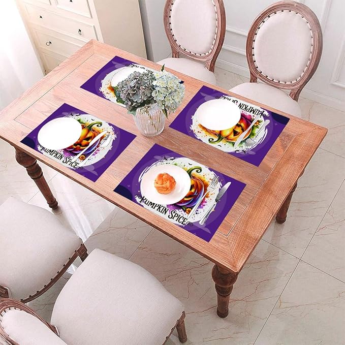 PVC Placemats Set of 1 Wipeable Table Mats Washable Heat Resistant Non Slip Vinyl Dining Table Mat for Kitchen Indoor Outdoor Patio Farmhouse Place Mats Funny Purple Halloween Pumpkin Decorative