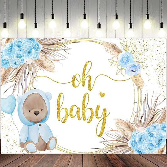 15x10ft Baby Shower Backdrop Oh Baby Photography Background Bear Blue Flowers Boho Leaves Heart Balloon Gold Dots Kid Birthday Party Banner Decorations Newborn Gender Reveal Photo Booth Prop