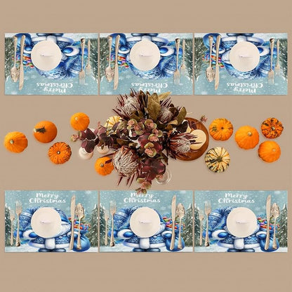 Xmas Christmas Gnomes Bule Snowflake Placemats Set of 6 PVC Vinyl Non Slip Table Mats Heat Resistant Place Mats Washable Wipeable Dining Table Mat for Kitchen Party Indoor Outdoor Decorative Gift