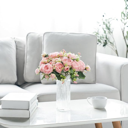 Mkono Peonies Artificial Flowers, Small Silk Flowers for Home Decor Indoor Fake Bouquet Faux Floral Arrangements Dining Table Centerpieces for Kitchen Bridal Wedding Party Decor Pink