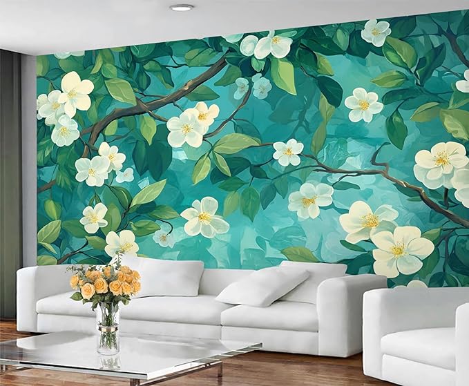 Jasmine Blossom Wall Mural, Elegant Floral Landscape 3D Wall Murals, Nature Turquoise Botanical Wallpaper Mural, for Living Room Bedroom Large Wallpaper Indoor Decor 78.7" W x55.1 H