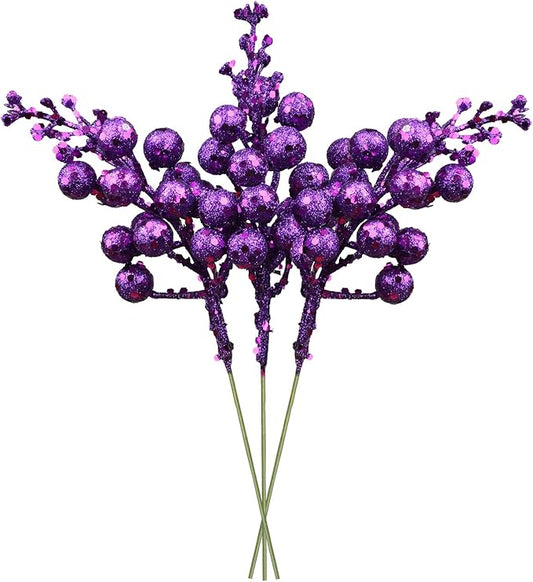 Lvydec 16pcs Christmas Glitter Berry Stems, 7.8" Artificial Christmas Picks for Christmas Tree Ornaments, DIY Xmas Wreath, Crafts, Holiday and Home Decor (Dark Purple)