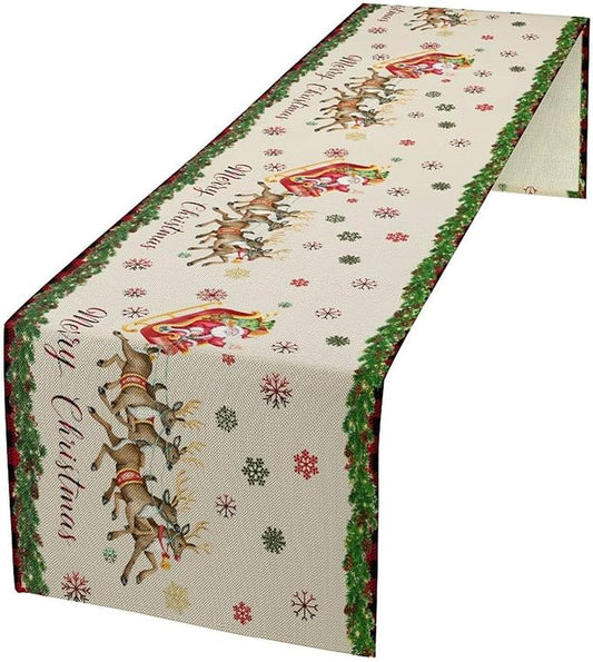 Christmas Table Runner,Xmas Deer Cute Santa Claus Red Plaid Pattern Printed Tablecloth Burlap for Hotel Indoors Outdoor Dining Room Kitchen Home Decor,W13X L36 in