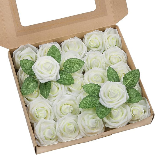 Meldel Artificial Flower 25pcs Real Looking Ivory White Fake Foam Roses with Stems for DIY Wedding Bouquets Gifts Bridal Shower Faux Floral Centerpieces Arrangements Home Party Tables Decorations