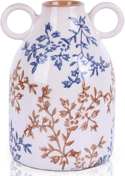 Rustic Blue Ceramic Vase with Handle, Nordic Boho Small Vases Side Table Flower Centerpiece, Wide Mouth Single Flower Vase Pampas Grass Decorative - for Home Window Sill Living Dining Room Kitchen